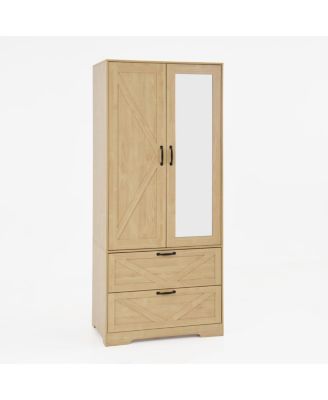2-Door Wood Wardrobe with Hanging Rod, 2 Drawers, Mirror & Light