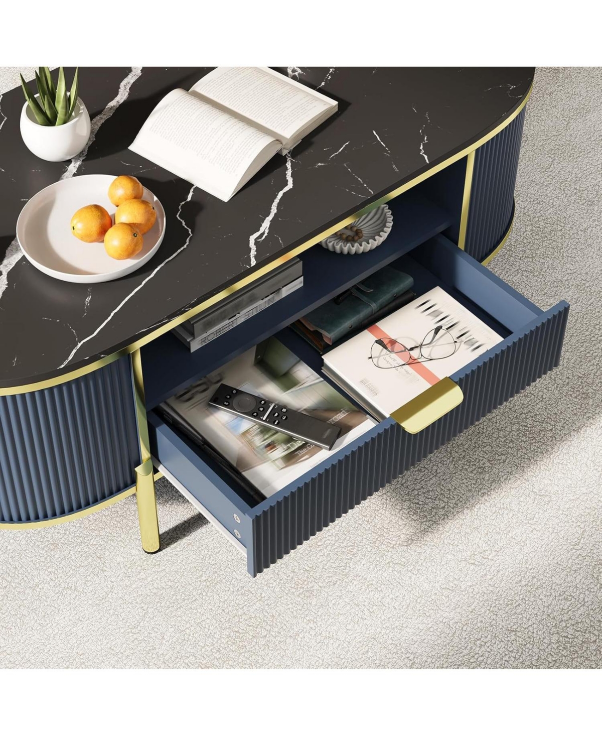 gaomon 48" Oval Coffee Table with Fluted Design & Faux Marble Top, Modern Center Table with Drawers