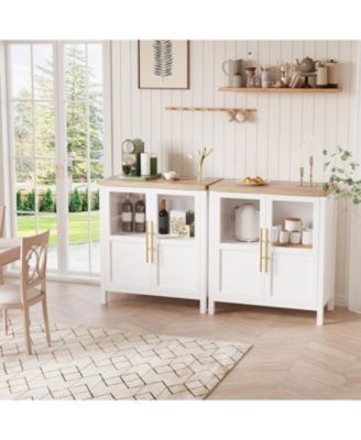 Sideboard Cabinet with 2 Glass Doors and Drawers, 29" Buffet with Solid Wood Top, White