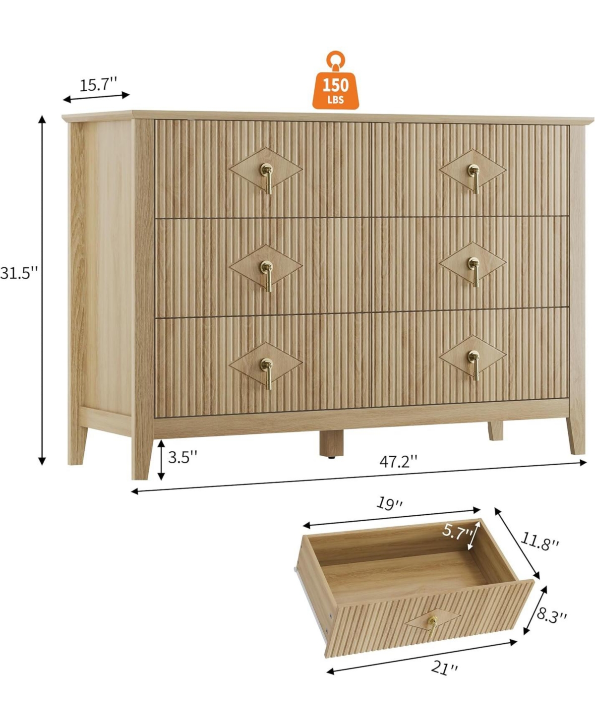 gaomon 47" Wide Fluted Dresser, 6 Drawer Modern Wood Storage Chest for Bedroom or Living Room