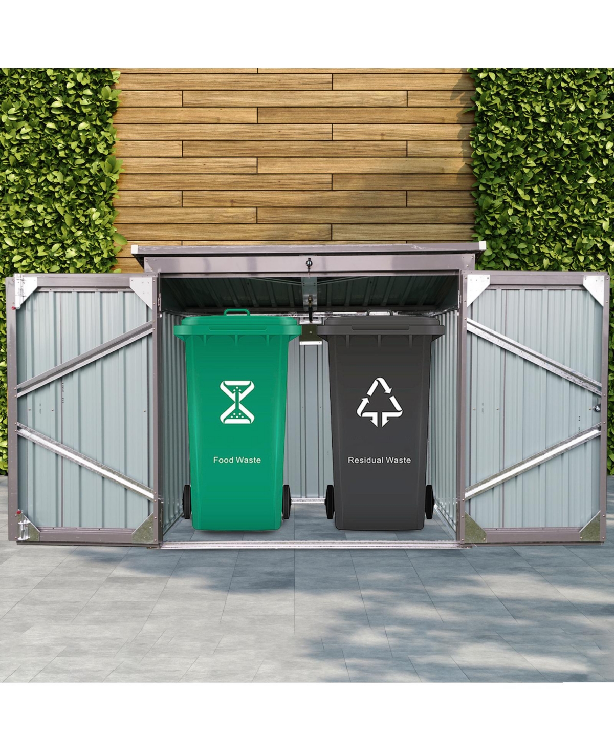 Mondawe 62"x40"x52"Stainless Galvanized Steel Bin Shed Stores 2 Trash Cans for Garbage Storage