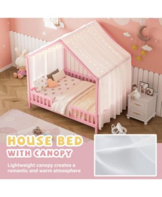 Montessori Floor Bed with Canopy, Full Size House Shape Toddler Bed Frame