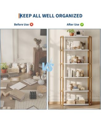 6-Tier Wooden Bookshelf, 71" Industrial Tall Bookcase with Metal Frame for Living Room & Office, White