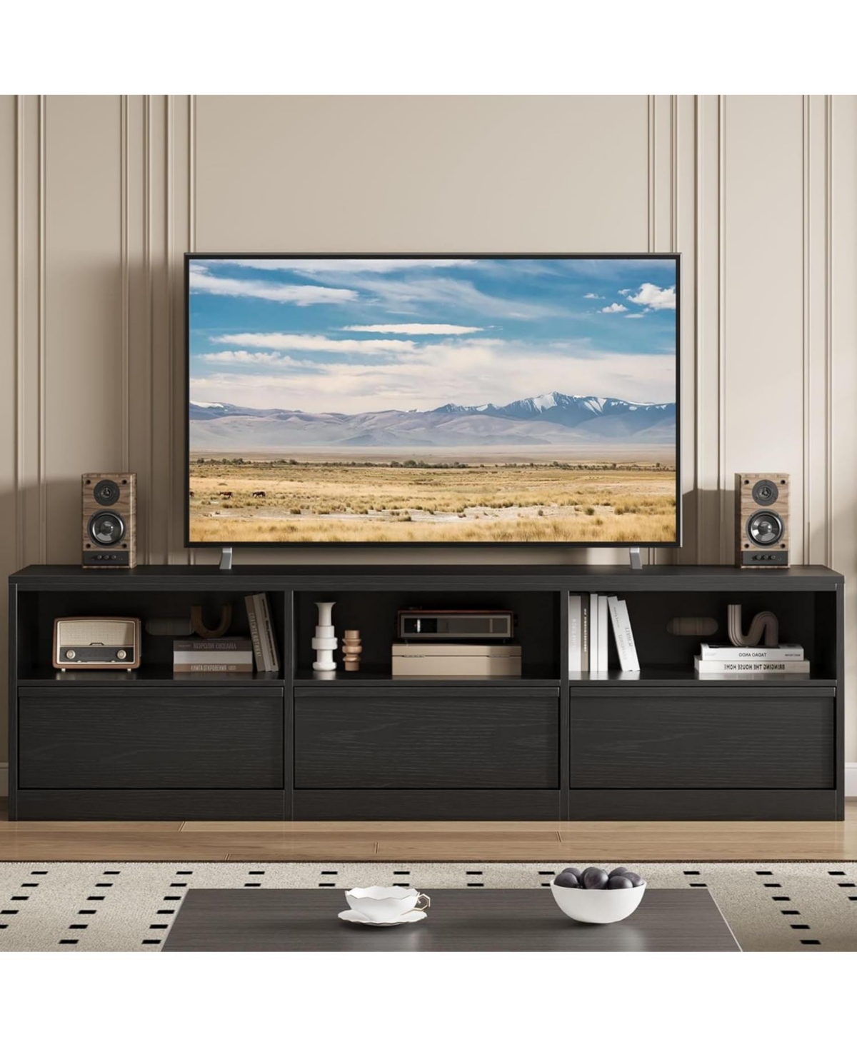 gaomon 70" Tv Stand for TVs up to 85", Mid-Century Modern Entertainment Center with Drawer & Open Shelves