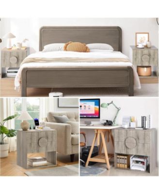 Nightstand Set of 2 with Charging Station, Fluted 2-Drawer End Tables with Open Storage for Bedroom, Grey