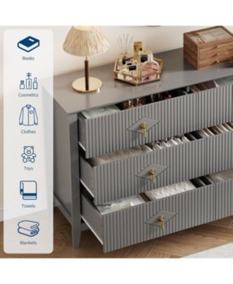 54" Wide Fluted Dresser, 6 Drawer Modern Wood Storage Chest for Bedroom or Entryway, Grey