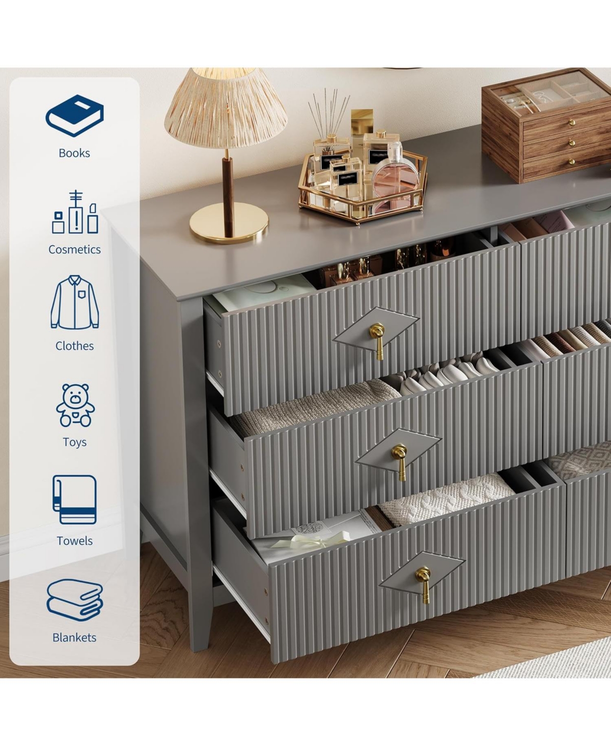 gaomon 54" Wide Fluted Dresser, 6 Drawer Modern Wood Storage Chest for Bedroom or Entryway