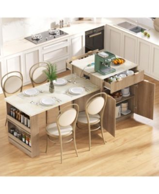 Fluted Kitchen Island with Extendable Dining Table, Power Outlet & Storage