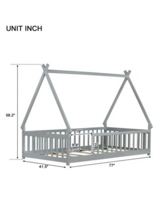 Twin Tent-shaped Floor Bed, Teepee Bed with Guardrails, Slats