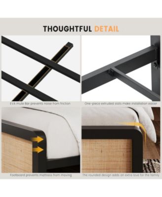 Rattan Queen Bed Frame, Boho Bed Frame with Headboard & Footboard, Bed Frame with Strong Metal Slat, Noise Free, No Box Spring Needed.