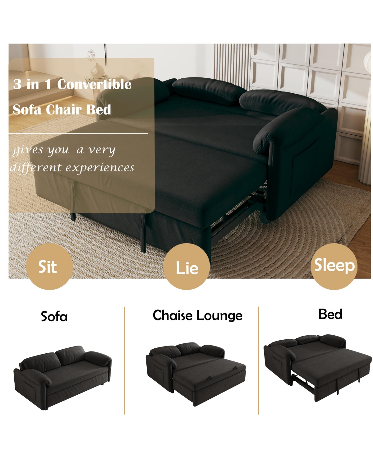 Streamdale Furniture 54" Velvet Sofa Bed - Retractable Sleeper