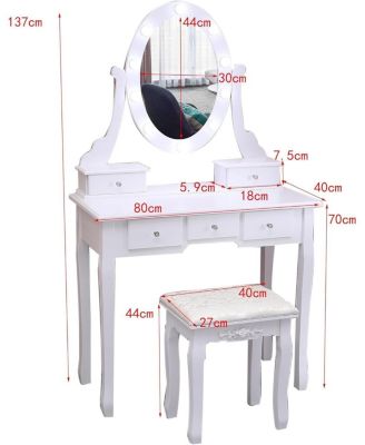 Vanity Desk with Mirror and Lights, Wood Makeup Dressing Table with Stool and 5 Drawers