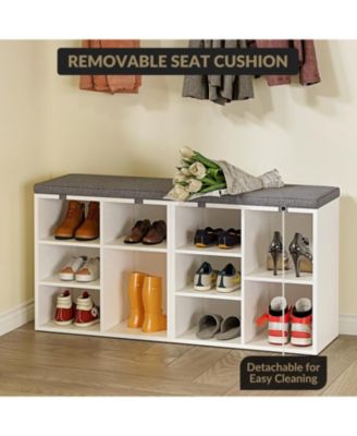 Entryway Shoe Bench with Storage and Cushioned Seat, Wooden Shoe Rack with Adjustable Shelves and Side Pockets