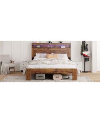 King Wood Bed Frame LED Headboard USB Storage