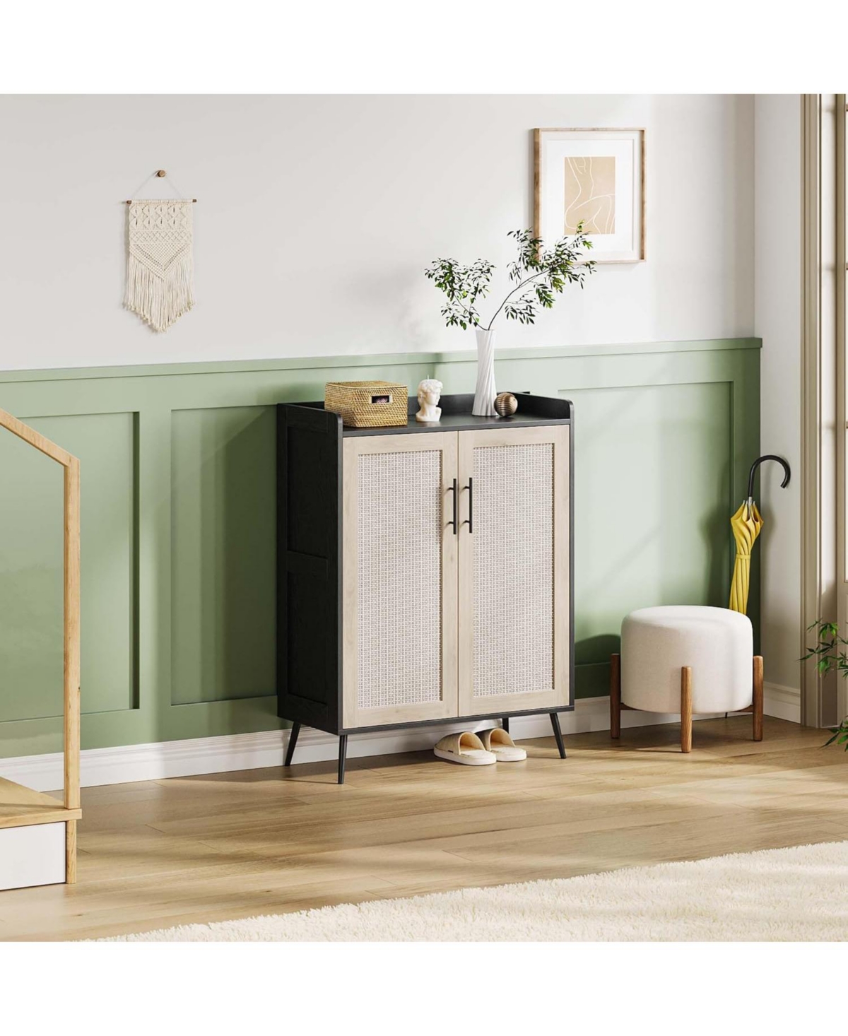 gaomon Rattan Shoe Cabinet, 5-Tier Shoe Storage Cabinet with Doors, Adjustable Shelves and Metal Legs