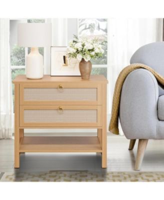Rattan Nightstand Set of 2, Boho Bedside Tables with 2 Rattan Drawers & Large Storage, Brown