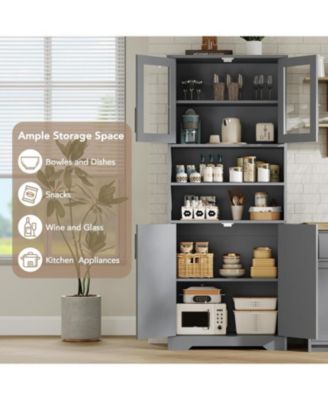 67" Tall Storage Cabinet, Freestanding Bathroom Cabinet with Glass Doors and Adjustable Shelves, Kitchen Pantry, Grey
