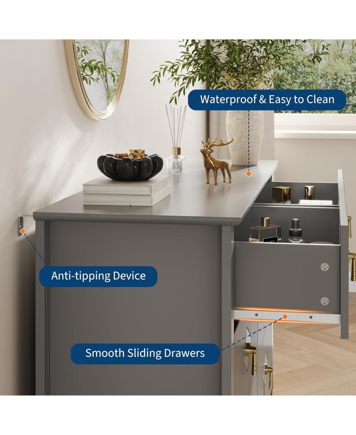 gaomon 47" Wide Fluted Dresser, 6 Drawer Modern Wood Storage Chest for Bedroom or Living Room