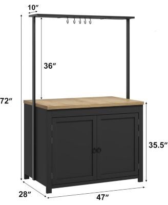 42" Kitchen Island with Storage, Heavy Duty Mobile Cart with Solid Wood Top, Shelves & Hooks, Black