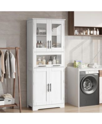 67" Tall Bathroom Storage Cabinet with Glass Doors, Adjustable Shelf & Drawer for Small Spaces, White