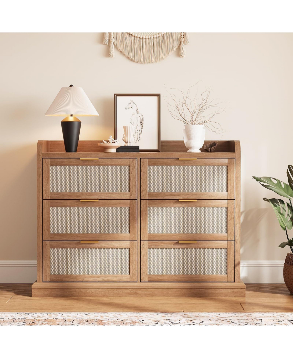 gaomon 6-Drawer Rattan Dresser for Bedroom, 47.2" Wide Wooden Chest with Ample Storage, Beige