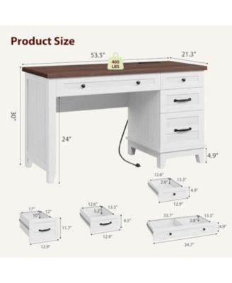 53.5" Farmhouse Executive Desk with File Drawers, Charging Station & Storage for Home Office, White