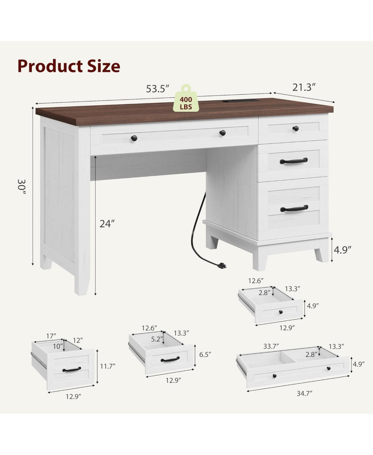 gaomon 53.5" Farmhouse Executive Desk with File Drawers, Charging Station & Storage for Home Office, White