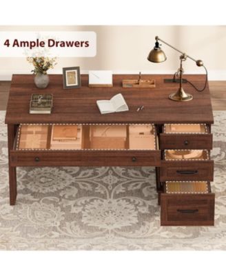 53.5" Farmhouse Executive Desk with File Drawers, Charging Station & Storage for Home Office, Brown