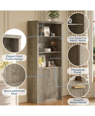 5-Tier Bookcase with Storage Cabinet & Adjustable Shelf, Mid-Century Modern Bookshelf for Home Office, Grey