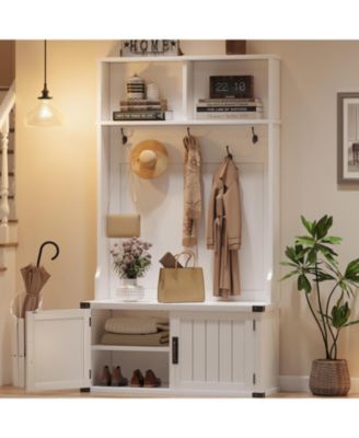 Hall Tree with Shoe Storage Bench, 4-in-1 Entryway Bench with Coat Rack and Adjustable Shelf, White