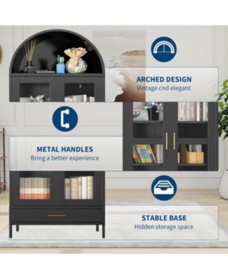 73" Tall Metal Arched Cabinet, Modern Kitchen Pantry with Glass Door, Adjustable Shelves and Drawers, Black