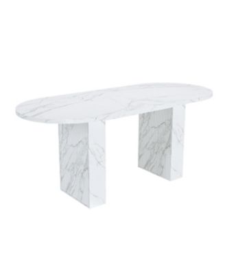 62.9" Oval Marble Dining Table, Wood Base, Modern Farmhouse