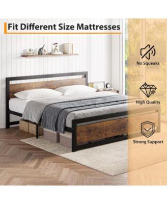 14 Inch Heavy Duty Industrial Metal Platform Bed Frame with Wooden Headboard - King