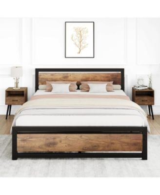 14 Inch Heavy Duty Industrial Metal Platform Bed Frame with Wooden Headboard - Full