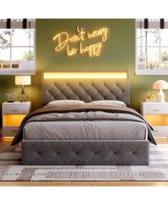 Size Bed Frame with RGB LED Lights and Charging Station, Upholstered Platform Bed with Adjustable Headboard - Queen