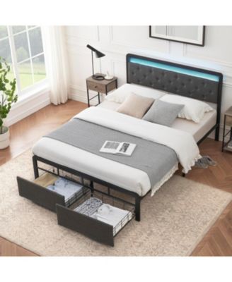 Queen Upholstered Bed Frame with LED Lights & 2 Storage Drawers &acirc;€“ Metal Platform, Tufted Headboard, Grey