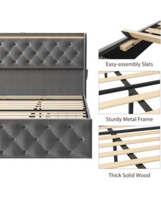  LED Platform Bed Frame with Charging Station, Velvet Upholstered Bed Frame with Button Wingback Headboard, No Box Spring Needed