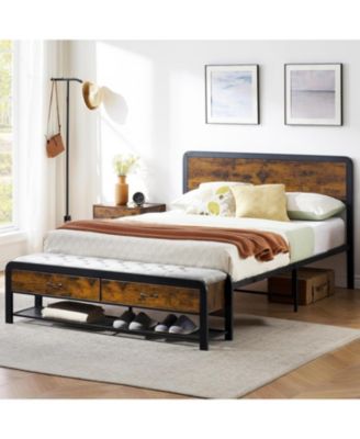 Queen Bed Frame with Wood Headboard & Storage Bench &acirc;€“ 14" Heavy Duty Metal, Noise-Free, Easy Assembly, Brown