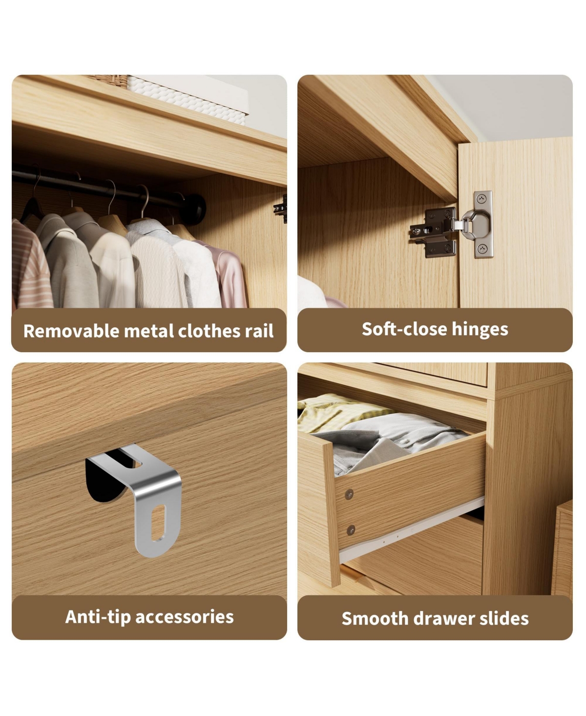 gaomon 69.5" Wooden Wardrobe Cabinet with Drawers, Hanging Rod & Doors Armoire Wardrobe Closet