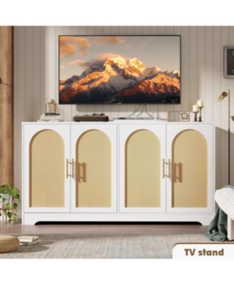 Sideboard Buffet Cabinet with 2 Rattan Doors & Shelves, Modern Credenza Coffee Bar Cabinet