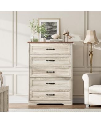 5-Drawer Tall Dresser for Bedroom, Farmhouse Wooden Chest with Wide Metal Handles, Storage Organizer