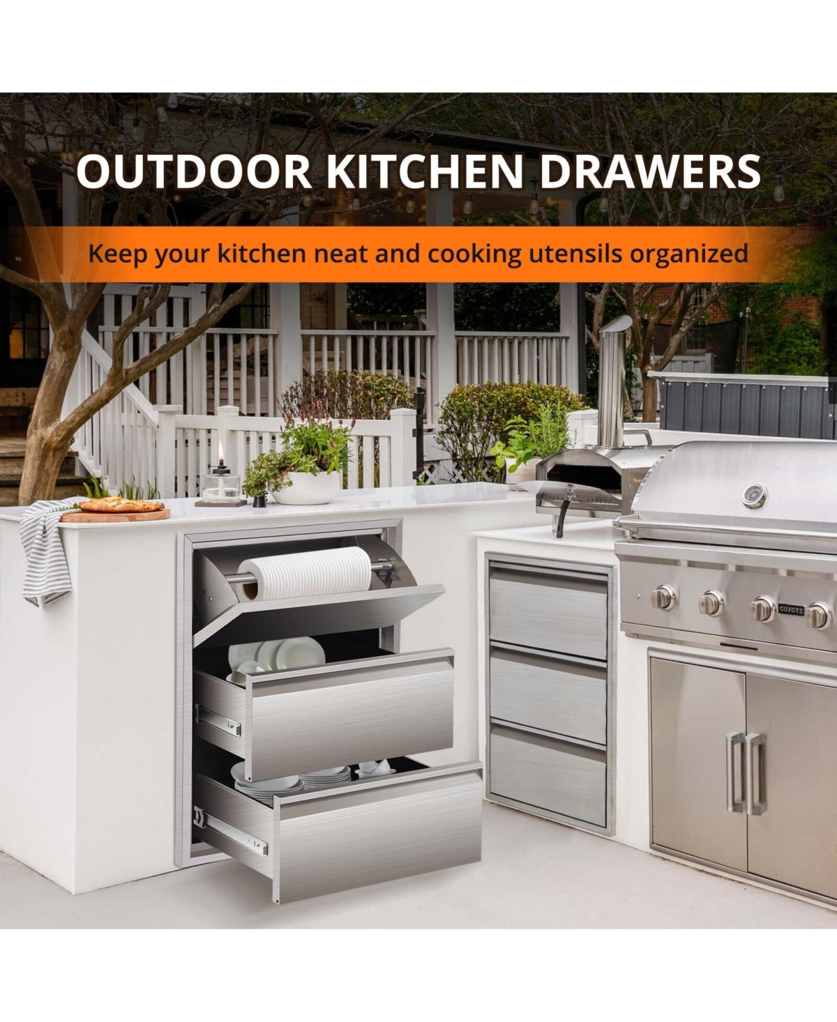 gaomon 18" Outdoor Kitchen Drawers with Paper Towel Holder, Stainless Steel 3-Layer Bbq Drawers