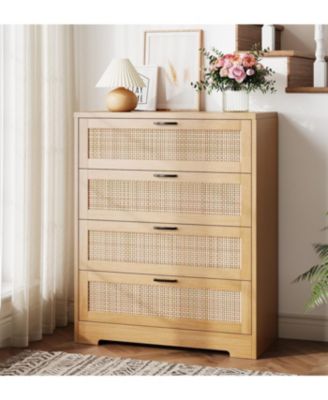 4-Drawer Rattan Dresser, Tall Wooden Chest of Drawers for Bedroom