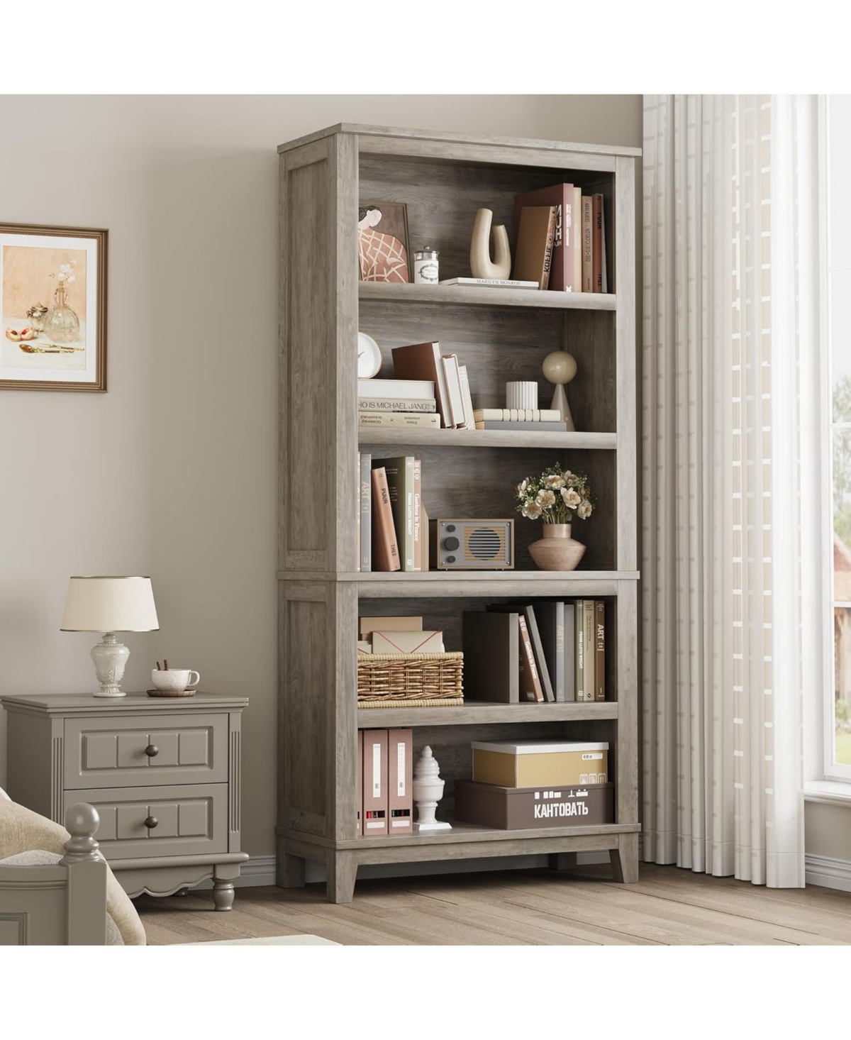 gaomon 71" Tall 5-Tier Farmhouse Bookcase with Adjustable Shelves, 31.5" Wide Wood Bookshel