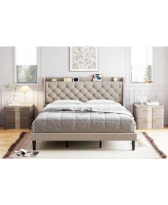 King Linen Upholstered Platform Bed Frame with Wingback Headboard Built-in Storage Shelf Power Outlets USB Ports Wood Slats Underbed Space