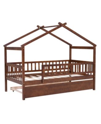 Twin Size Wooden House Bed With Twin Size Trundle