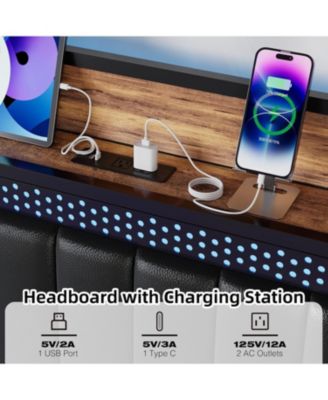 Queen Size Bed Frame with Storage Headboard, LED Platform Bed Frame with Charging Station, No Spring Box Need, Easy Assembly