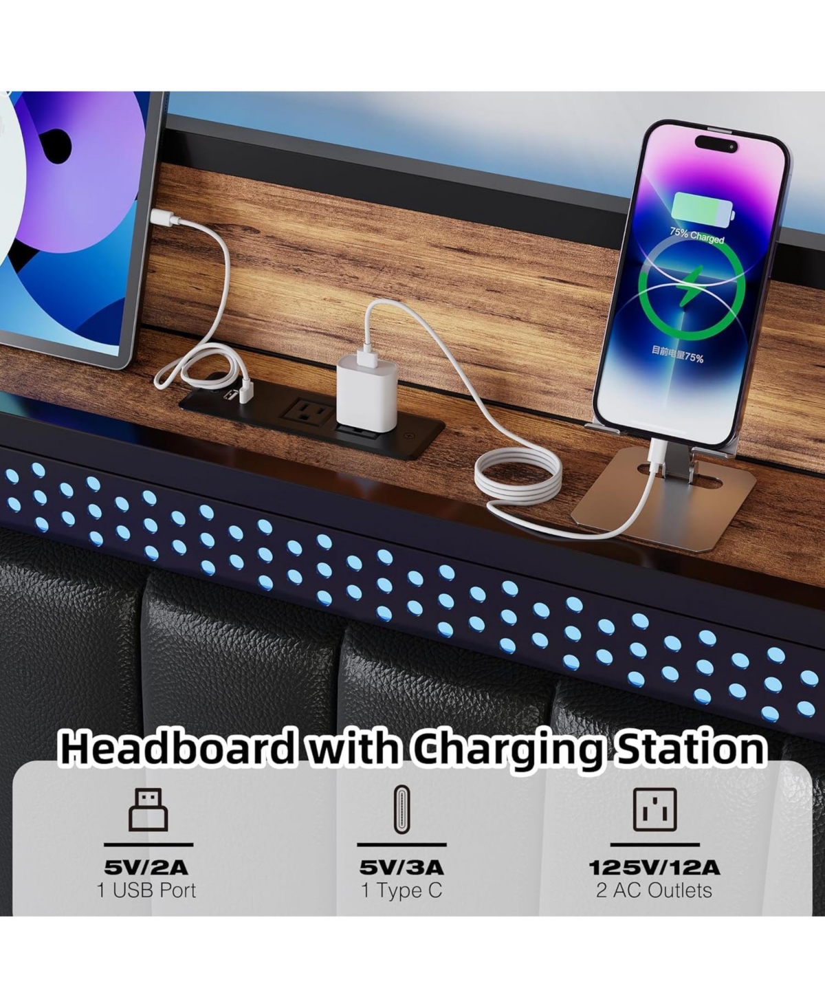 gaomon Queen Size Bed Frame with Storage Headboard, Led Platform Bed Frame with Charging Station, No Spring Box Need, Easy Assembly