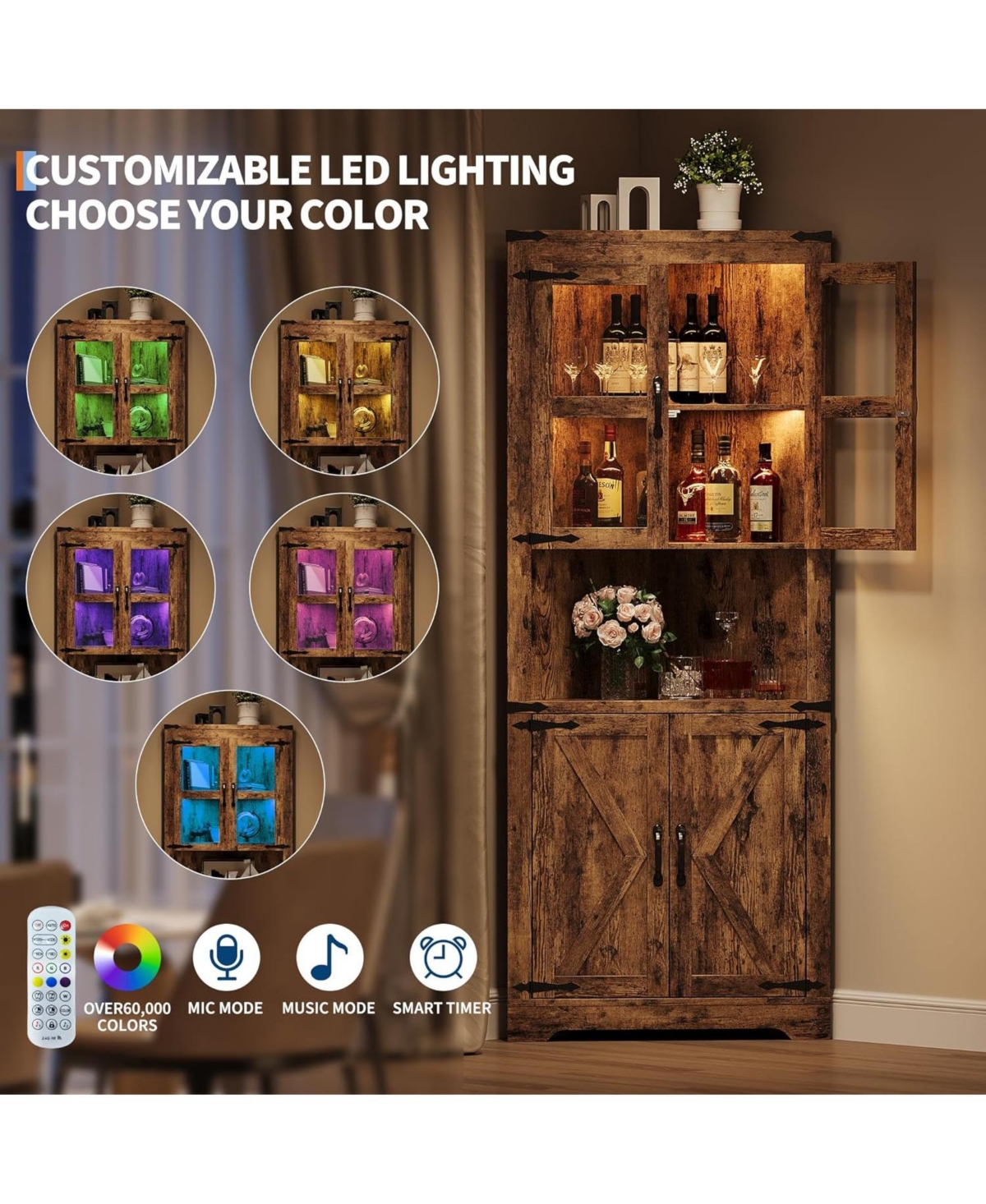 gaomon 67" Tall Corner Storage Cabinet with Lights, Farmhouse Wooden Corner Hutch with Glass Doors, Brown