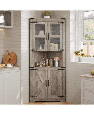 Tall Corner Storage Cabinet, Farmhouse Corner Hutch with Glass Door & Adjustable Shelves